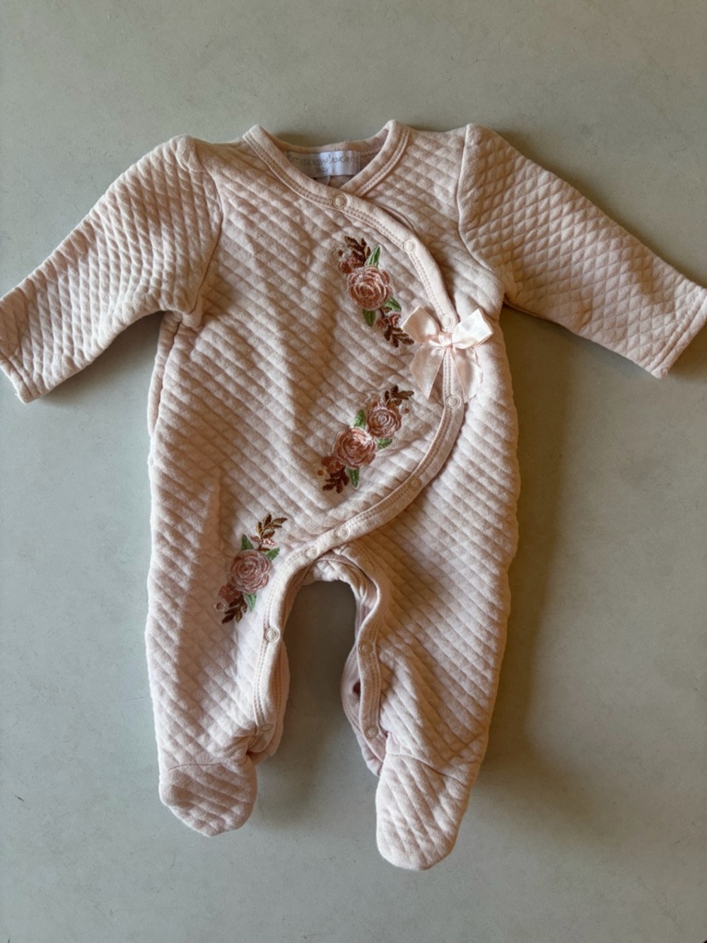 Baby Quilted One-Piece with Floral Embroidery - Pink 3/6m